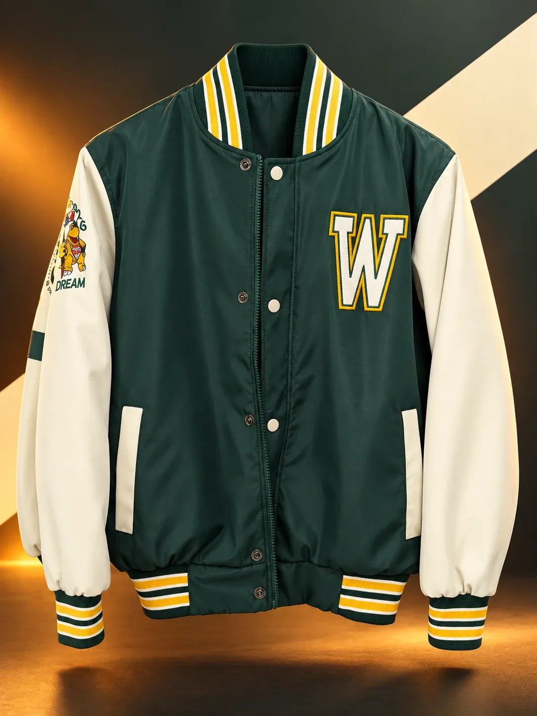Casaca en verde oscuro con mangas en crema y amarillo, letra W y botones