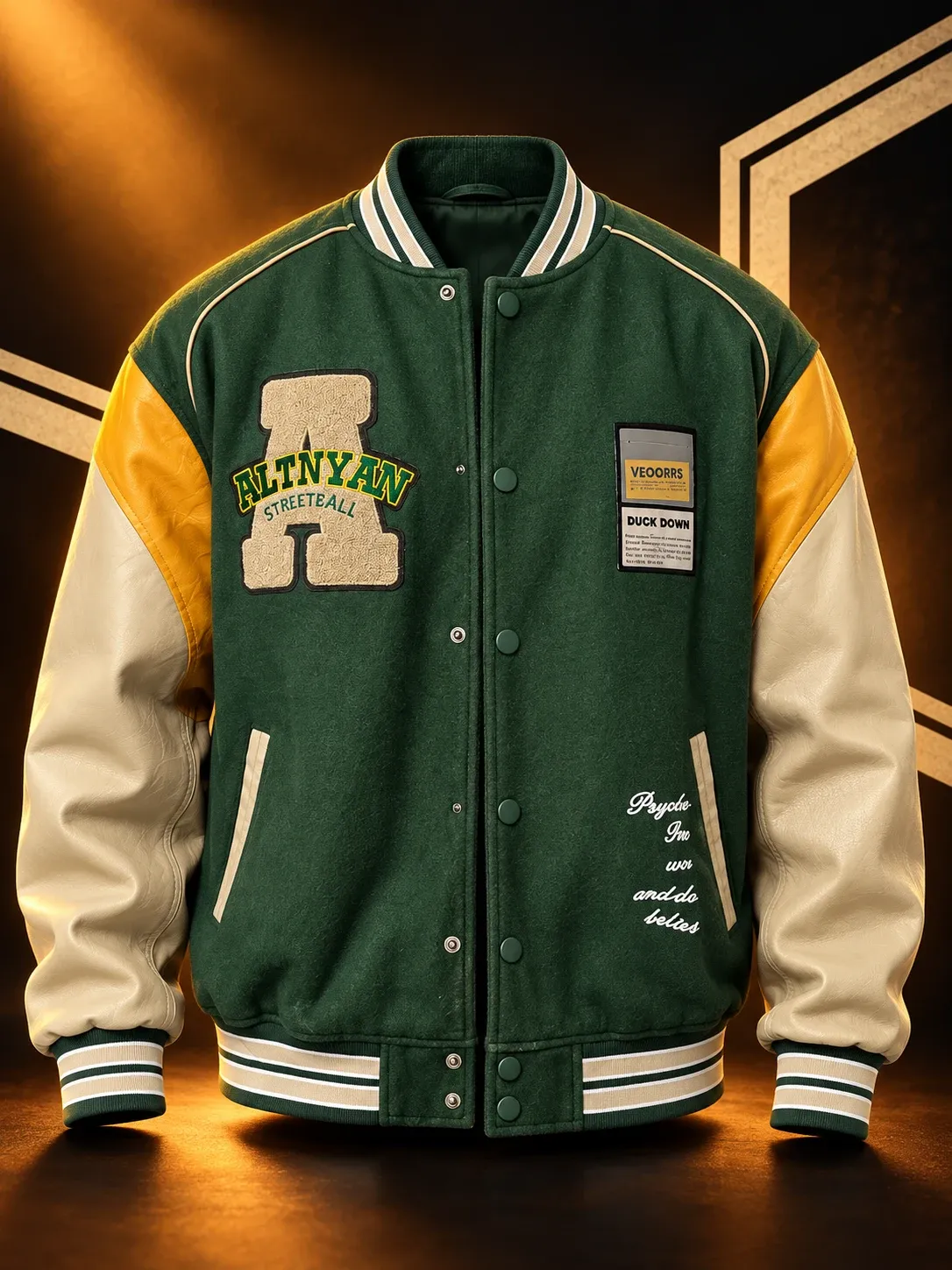Casaca en verde con mangas en crema y amarillo, botones