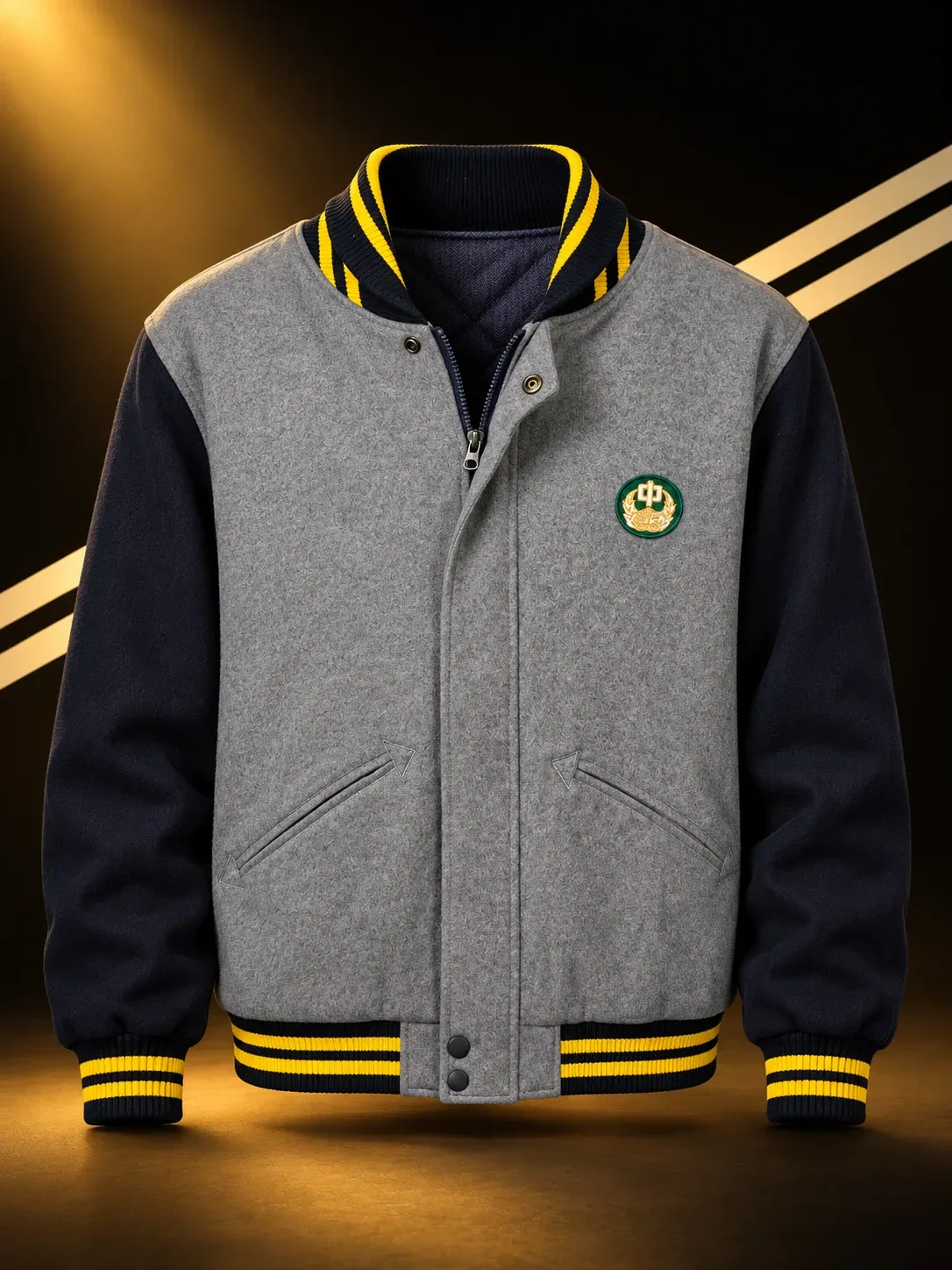Casaca en gris con mangas en azul marino y amarillo, botones